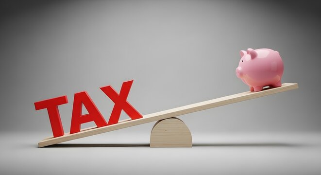 Tax burden concept piggy bank balancing on 'tax' word see saw