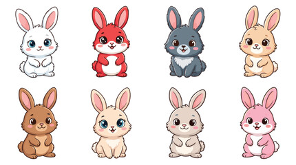 Obraz premium Cute colorful cartoon rabbits collection with different fur shades and playful expressions for children’s illustrations and design