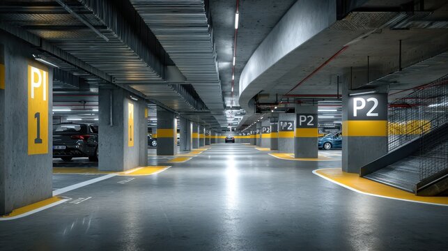 Bright multi story underground parking garage interior with numbered level signs and yellow floor markings. AI generated image