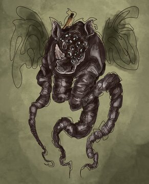 Illustrated dark fantasy creature with a catlike head, tentacle legs, spotted face, small wings and green background