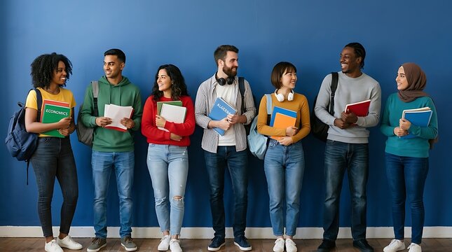 Diverse group of students with books and backpacks standing against blue wall on first day back to school