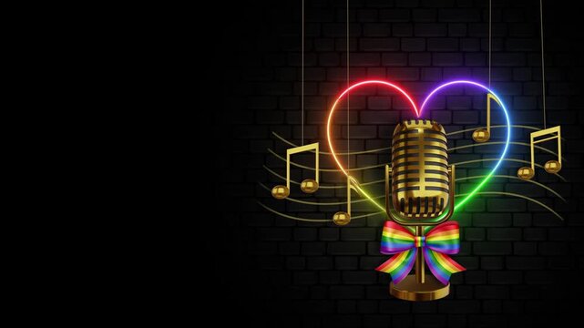 Pride karaoke night animated background with neon heart, golden mic and gold notes on black wall. Gay pride animation witn neon heart with rainbow colors  