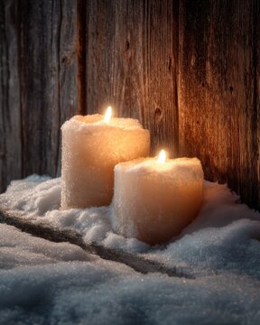 Two white candles glowing in snow with rustic wood backdrop, warm light creating serene and cozy winter wedding mood.