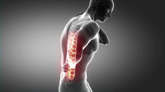3D Animation of Man Suffering from Back Pain with Glowing Red Spine