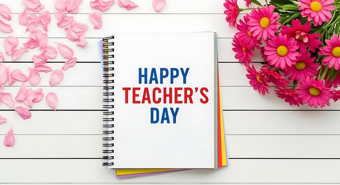 Happy Teachers Day flowers and notebook on white wooden background celebration