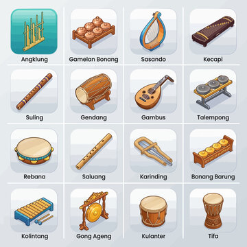 16 Illustrated Icons of Traditional Indonesian Musical Instruments