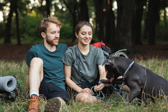 Photo of couple and a dog sitting in forest at summer with backpacks