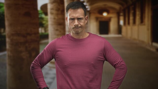 Hispanic young man with moustache points finger and then stands hands on hips in a stone colonnade building wearing magenta shirt; disapproval.