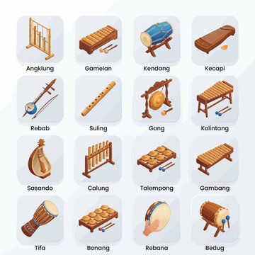 Isometric Collection of Traditional Indonesian Musical Instruments