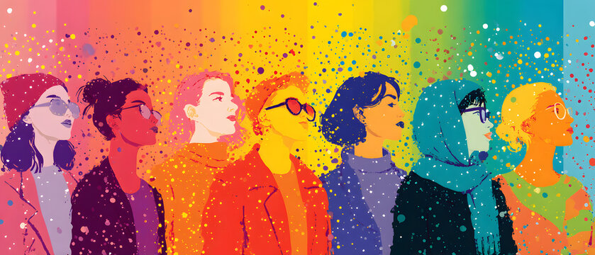 Illustrations of pop art, banni&egrave;re, texture, or arri&egrave;re-plan representing Feminisme, La journ&eacute;e de la fiert&eacute;, and the LGBT community with diverse people.