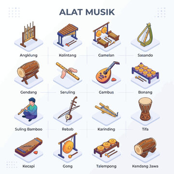 Collection of Traditional Indonesian Musical Instruments Isometric Vector Illustration