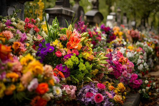 Many bouquets of frayed and multicolored flowers were placed on tombes in the cemetery on the occasion of the Toussaint. France. This shows hommage to the deceased and demonstrates the attachment and 