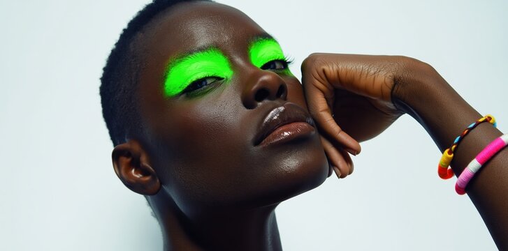 Close up of young african woman with neon green eye makeup and colorful bracelets looking up in dark studio Atmosphere of avant garde fashion