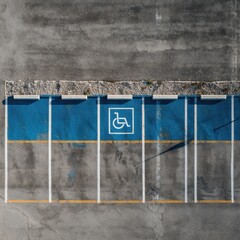 Obraz premium Top down aerial view of blue painted accessible parking spaces with wheelchair symbol and white lane markings. AI generated image