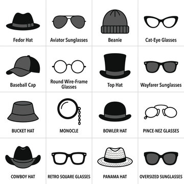 Collection of Various Hat and Eyewear Style Icons with Labels