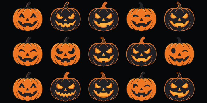 Halloween pumpkin jack-o-lantern faces grid on black background