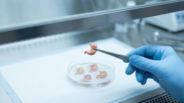 Scientist holds delicate embryo with precision tools. Glass dish contains developing biological samples. Sterile lab environment emphasizes scientific rigor