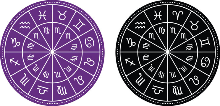 Complete Zodiac Sign Wheel Set with Twelve Astrological Horoscope Icons for Spiritual and Mystical Designs