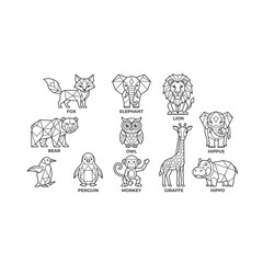 Fototapeta premium Geometric animal illustrations of fox bear penguin lion with low poly line art white background