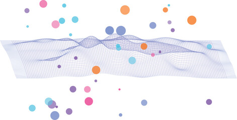 Abstract digital landscape with wave grid and floating colorful circles vector illustration © Taky