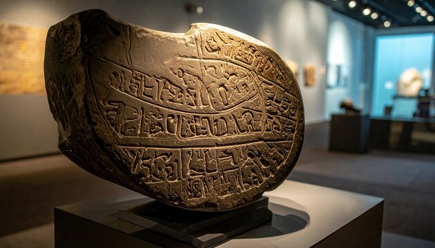 Ancient Hittite basalt stela fragment with deeply incised hieroglyphs showcased in museum setting