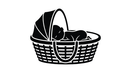 Obraz premium Black silhouette of sleeping baby in wicker basket with folded blanket isolated on white background