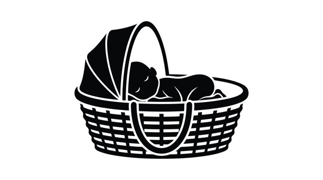 Black silhouette of sleeping baby in wicker basket with folded blanket isolated on white background
