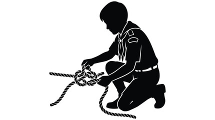 Fototapeta premium Boy scout silhouette kneeling and tying nautical rope knot isolated on white background