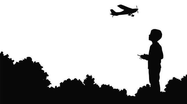 Boy flying remote control airplane silhouette with black shadow and isolated on white background