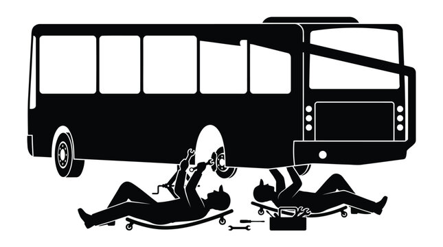 Funny black and white bus silhouette with people lying underneath like they are broken or avoiding it isolated on white background