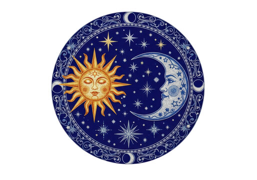 Celestial sun and moon design with stars and ornate border isolated on transparent background