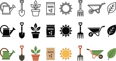Gardening and agriculture icons set: watering can shovel potted plant seed bag sun fork wheelbarrow leaf with gardening agriculture sprinkler pitchfork wheelbarrow collection illustration © MST SUMAIYA