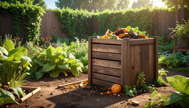 Rustic wooden compost bin filled with organic garden and kitchen waste in a lush backyard setting