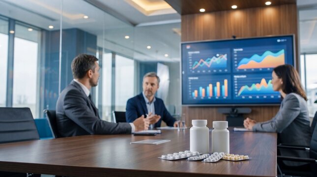 Pharmaceutical sales strategy meeting with product samples and charts