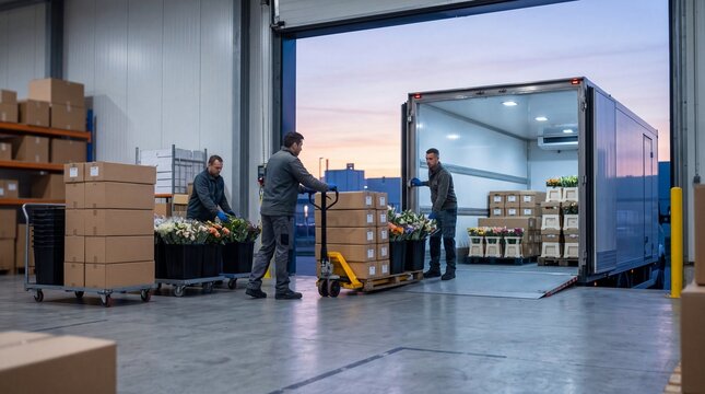 Wholesale cut flowers loaded into refrigerated delivery truck