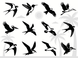 Fototapeta premium Flying bird silhouettes with tropical elements black and white