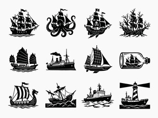 ship silhouettes collection nautical vessel shapes on white background © Sadrul