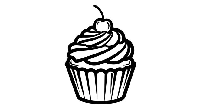 Black and white illustration of a cupcake with frosting and a cherry on top.
