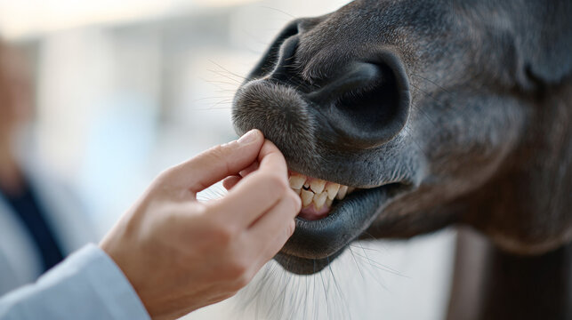 Close up horse mouth being fed by hand showing teeth and whiskers