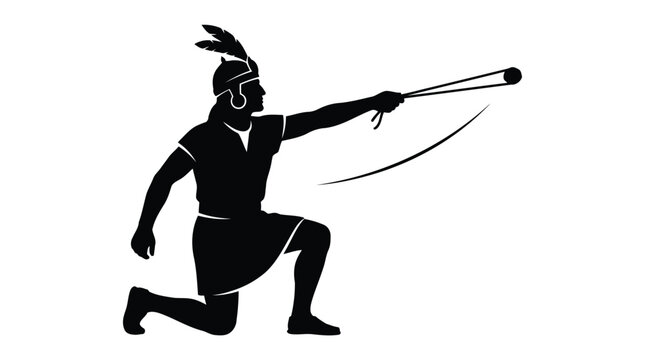 Ancient warrior kneeling silhouette with spear throwing action black and white illustration isolated on white background