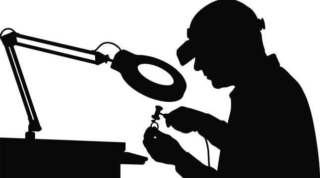 Precision jeweler working with magnifying lamp silhouette on concept isolated on white background