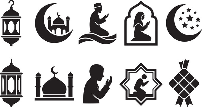 islamic prayer decorative icon set vector illustration