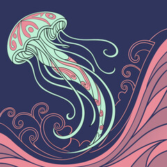 Glowing pink jellyfish swimming in dark blue ocean waves © Sabbir