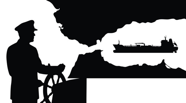 Mariner silhouette at ship wheel with cargo vessel and rocky coastline illustration isolated on white background