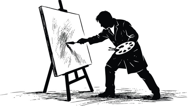 Artist sketching on canvas with paint palette black and white illustration isolated on white background