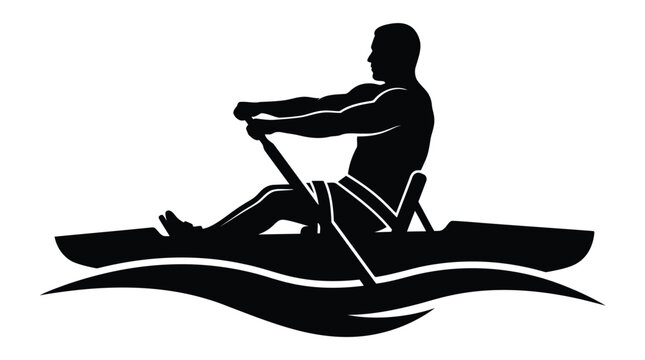 Black silhouette illustration of rower exercising on ergometer machine with athletic workout concept isolated on white background