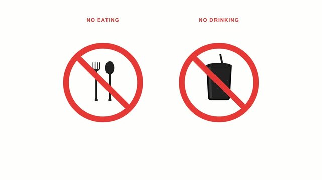 Animated no eating and no drinking prohibition signs on white background. 4K Video