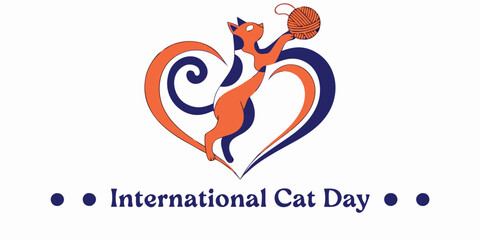 International cat day logo, playful feline silhouette in a heart shape, holding a yarn ball, vector graphic. © SarwarGfx