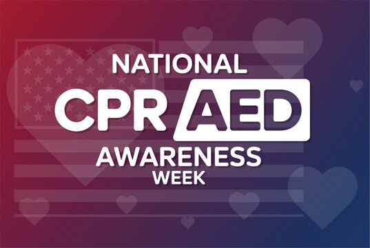 National CPR AED Awareness Week Graphic Banner with Heart and Flag Background for Safety