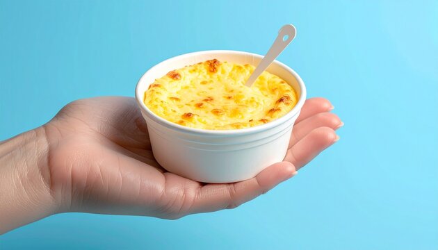 cheese souffle cup on hand elegant photo isolated suitable to your brand, display, advertise, cheese day, marketing, business, and more